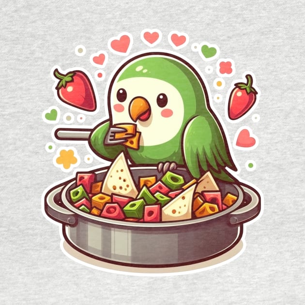 cute love birds are eating Mexican specialties, Tacos, Burritos, Enchiladas, Quesadillas, Guacamole, Fajitas, Chiles Rellenos, Tamales, Mole, Chilaquiles, by art poo